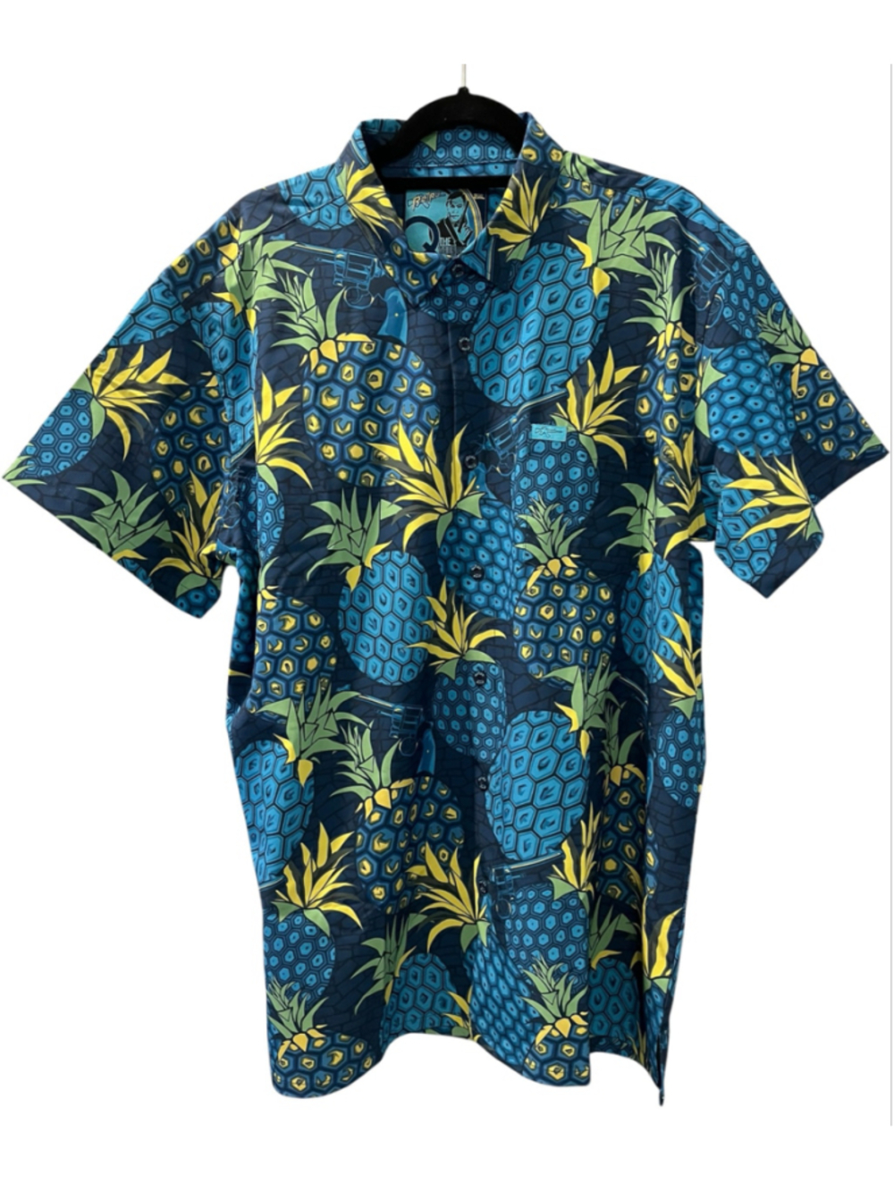 Retro Rifle Thunderball Pineapple Buton Down Shirt Blue Size 2XL Hawaiian Green